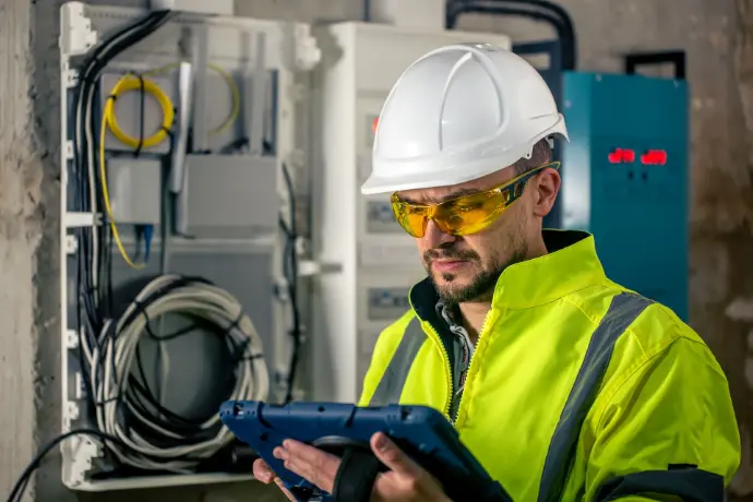 Technician in safety gear using a rugged tablet inside an industrial environment
