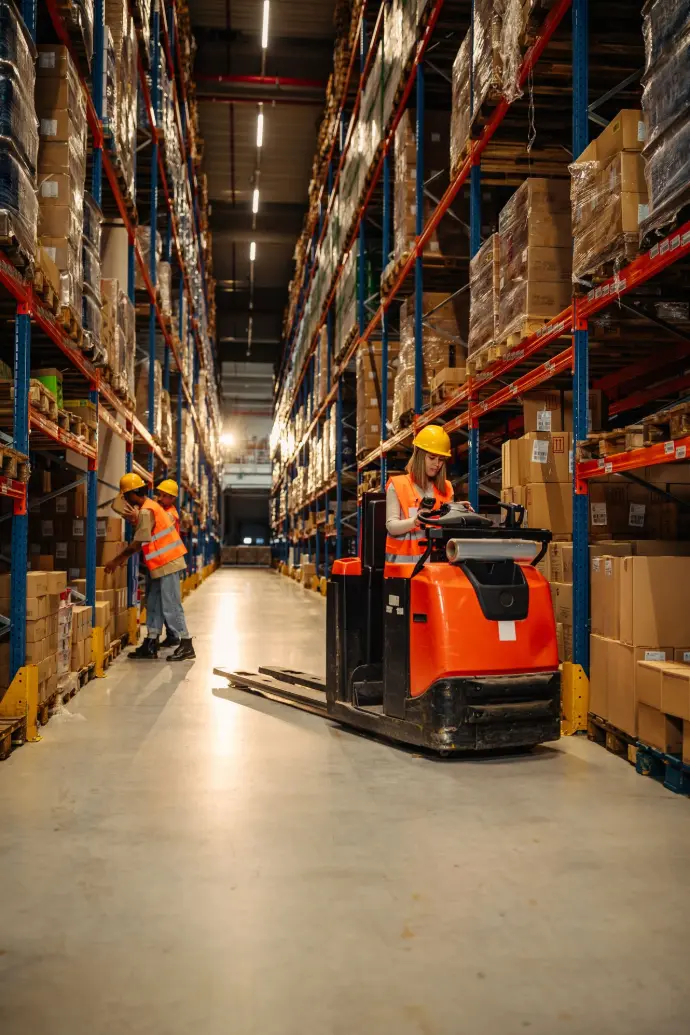 Warehouse aisle with workers and pallet jack under high shelves