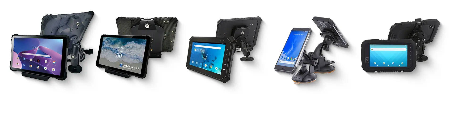 Line-up of rugged Android tablets and handhelds from PaceBlade, mounted on industrial-grade vehicle docks