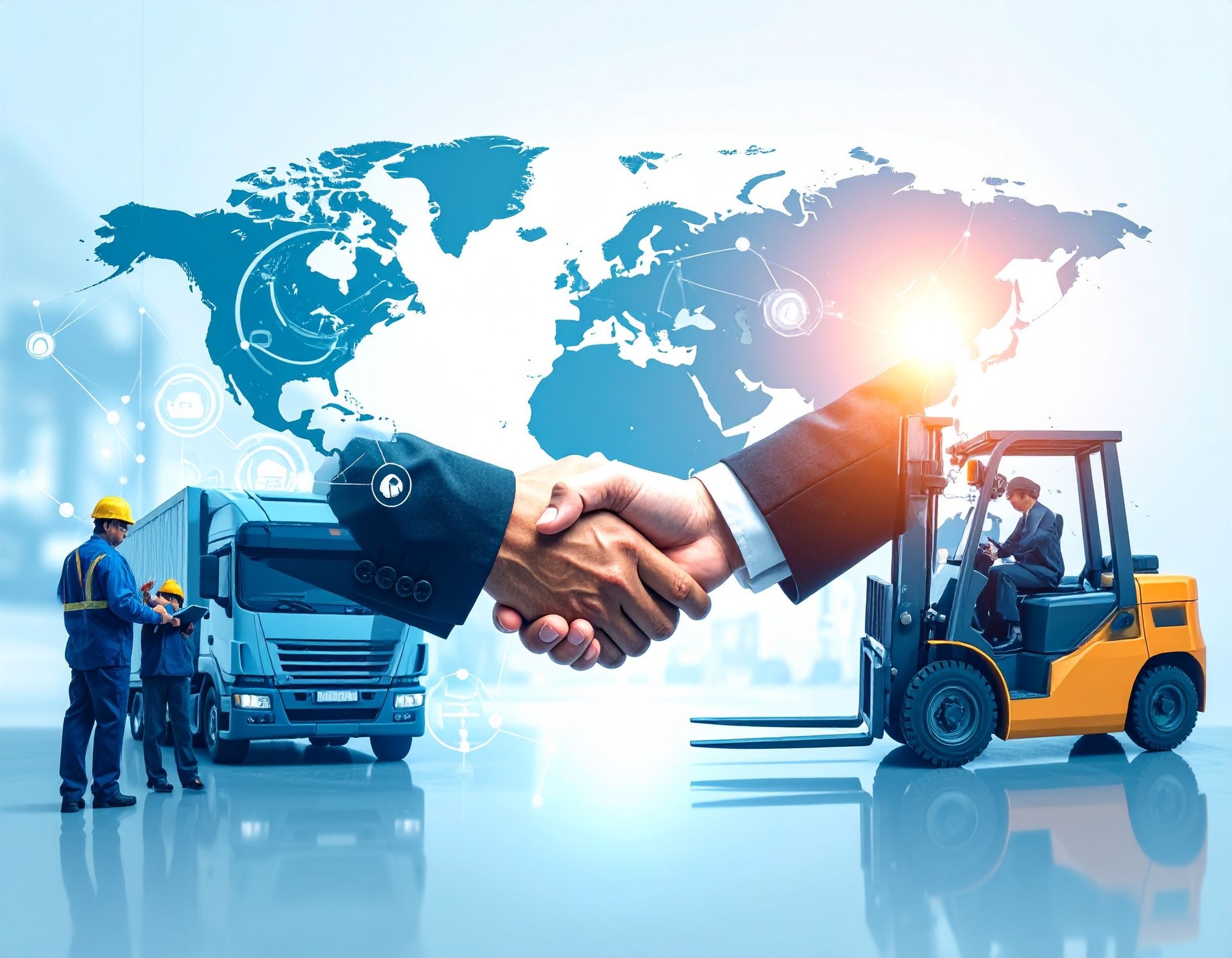 Trusted partnerships and rugged mobility across global logistics Business handshake in front of global logistics map with rugged transport, forklift, and service workers