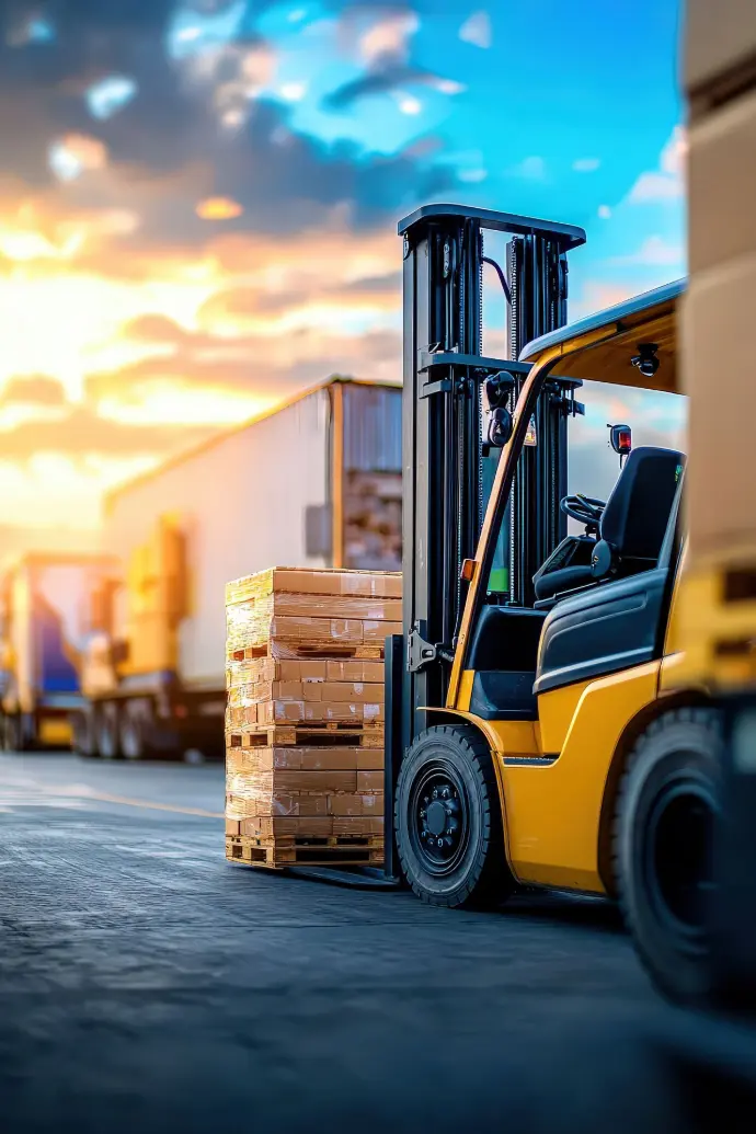 Forklift moving goods in a warehouse loading area at sunset