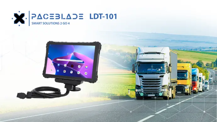 LDT-101: 10" Android tablet designed for smart in-vehicle deployment PaceBlade LDT-101 rugged tablet shown with truck fleet, illustrating transport use