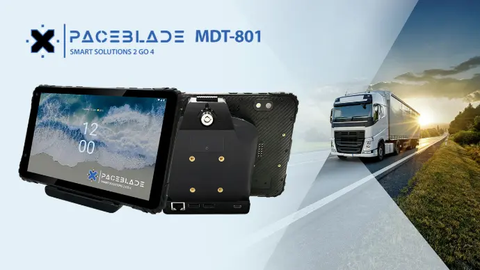 MDT-801: compact 8" tablet with voice dialer and full connectivity for fleet management PaceBlade MDT-801 tablet front and back view with highway truck, highlighting logistics use