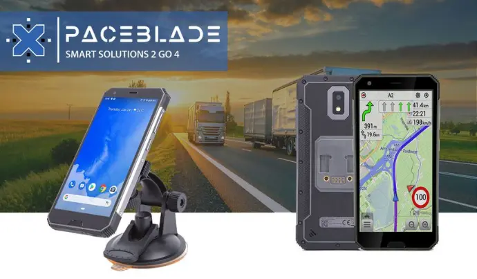 SDT-121: rugged 6" Android smartphone for drivers, with magnetic cradle and GPS navigation PaceBlade SDT-121 rugged smartphone displayed with road background, ideal for transport and delivery use