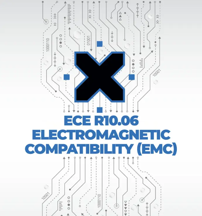 Certified for safe electronic integration in professional vehicles Visual showing ECE R10.06 Electromagnetic Compatibility (EMC) certification with circuit background and central X logo