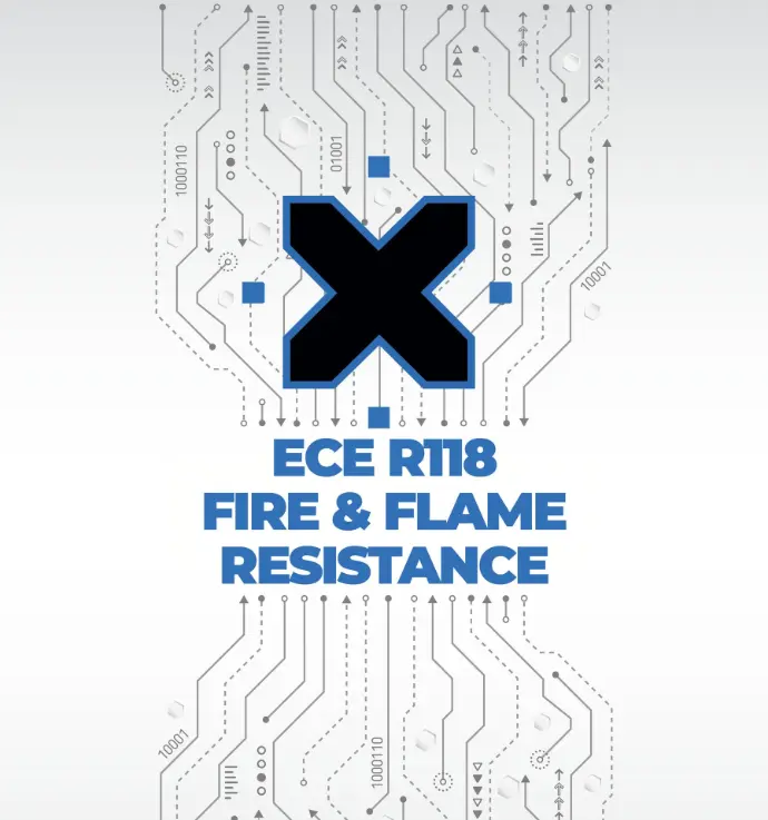 Certified to meet mandatory fire safety standards in vehicles Visual showing ECE R118 Fire and Flame Resistance certification with circuit design and bold X symbol