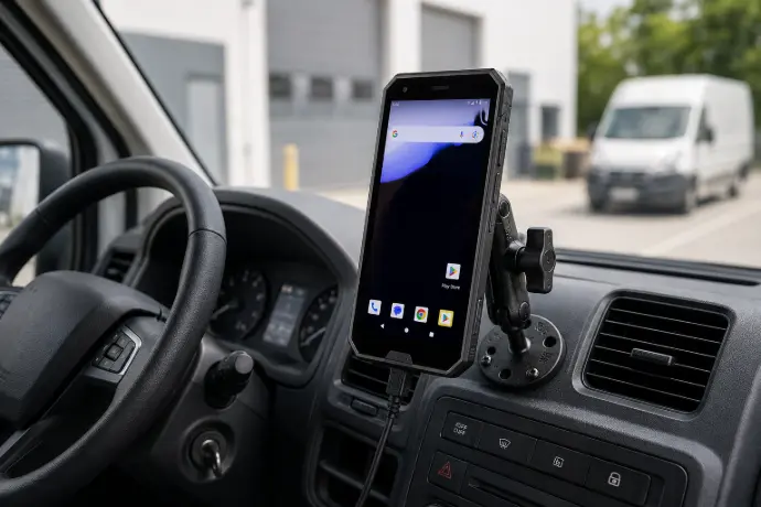PaceBlade SDT-605 rugged android smartphone built-in inside a vehicle PaceBlade SDT-605 mounted in a vehicle
