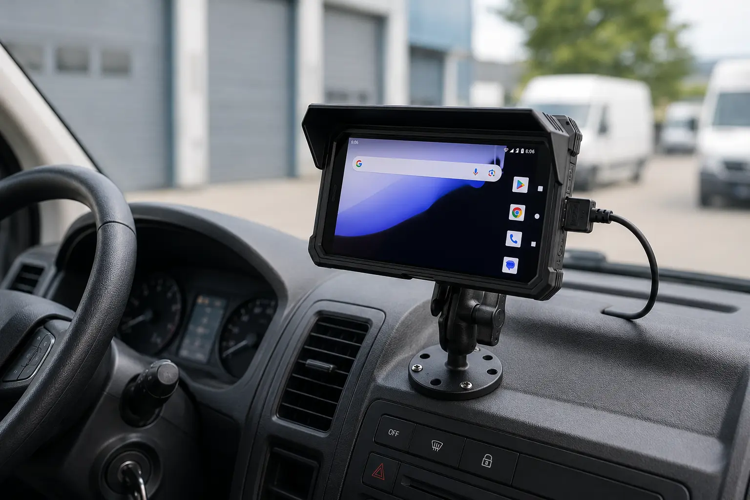PaceBlade SDT-605 rugged android smartphone built-in inside a vehicle PaceBlade SDT-605 mounted in a vehicle with sun cap accessory